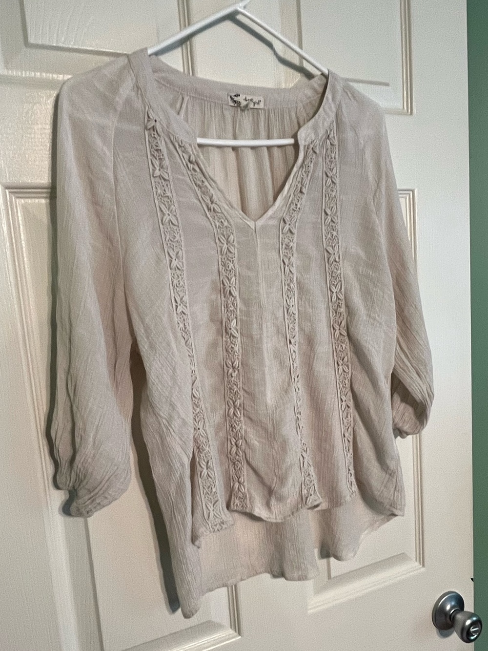 About A Girl Beige Embroidered Peasant-Style Blouse - Size M